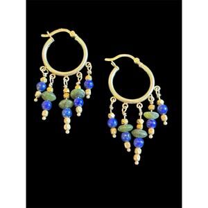 Sterling Silver Boho Bali Hoop Earrings With Lapis Lazuli And Malachite Bead 925